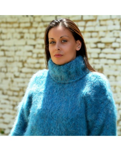 Super Sexy Hand Knitted Mohair Sweater Blue color Fuzzy Turtleneck pullover
