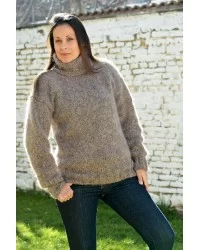 Super Sexy Hand Knitted Mohair Sweater Light Beige mix color Fuzzy Turtleneck pullover