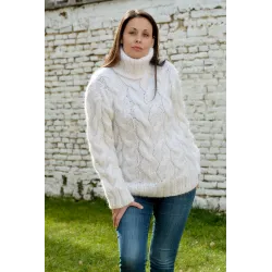 Cable Hand Knitted Mohair Sweater White Color Fuzzy Turtleneck Pullover
