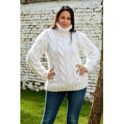 Cable Hand Knitted Mohair Sweater White Color Fuzzy Turtleneck Pullover