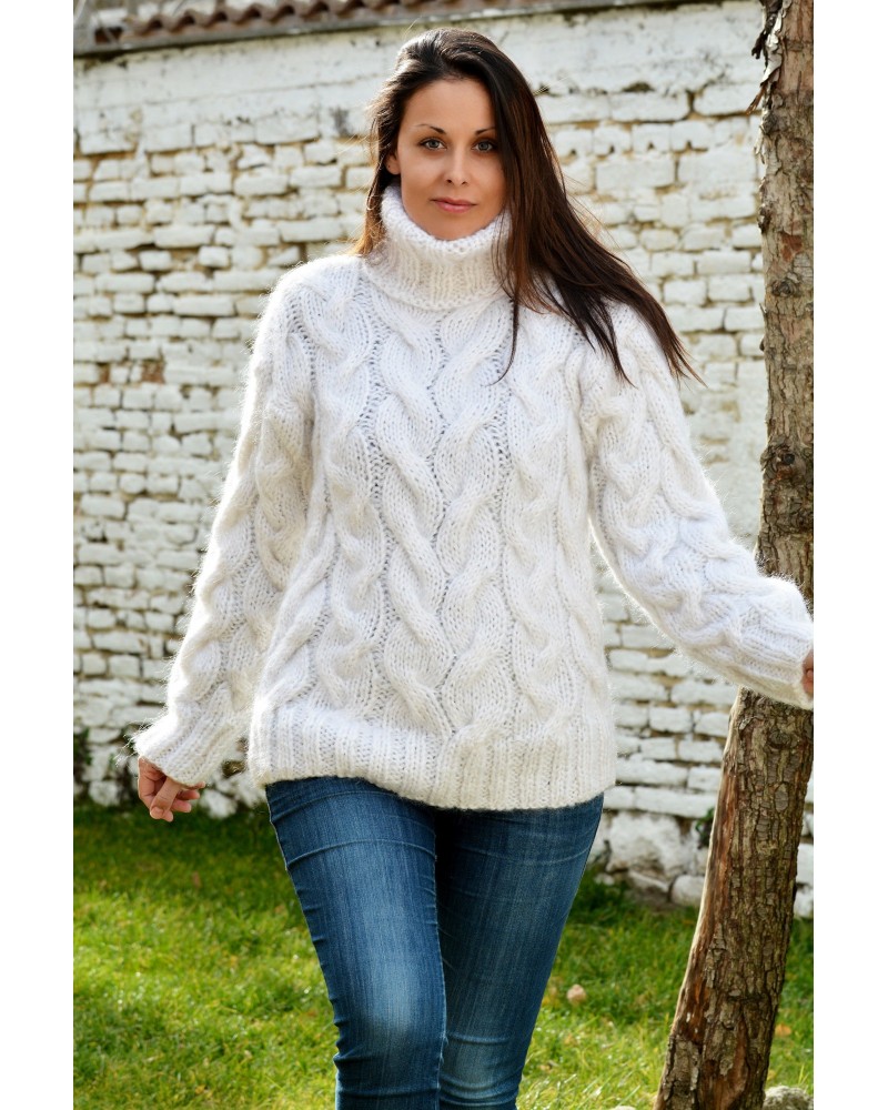 Cable Hand Knitted Mohair Sweater White Color Fuzzy Turtleneck Pullover