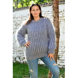 Cable Hand Knitted Mohair Sweater Grey Color Fuzzy Crewneck Ribbed Pullover