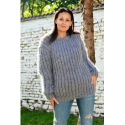Cable Hand Knitted Mohair Sweater Grey Color Fuzzy Crewneck Ribbed Pullover