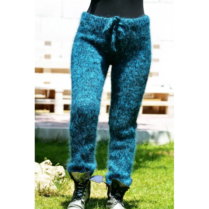 Blue Black mix Hand Knitted Mohair Wool Pants Fuzzy Leggings Blue Black mix Hand Knitted Mohair Wool Pants Fuzzy Leggings