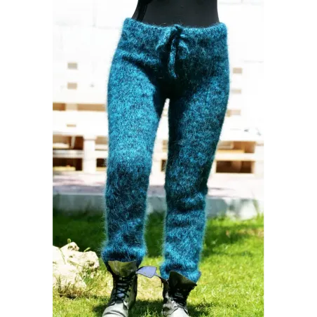 Blue Black mix Hand Knitted Mohair Wool Pants Fuzzy Leggings