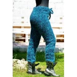 Blue Black mix Hand Knitted Mohair Wool Pants Fuzzy Leggings