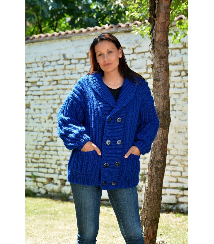 Cable Hand Knitted 100 % Wool Cardigan Blue color Shawl collar with pockets Jacket