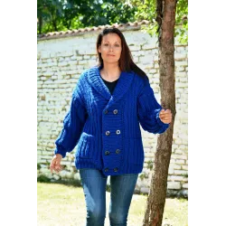 Cable Hand Knitted 100 % Wool Cardigan Blue color Shawl collar with pockets Jacket