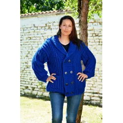 Cable Hand Knitted 100 % Wool Cardigan Blue color Shawl collar with pockets Jacket