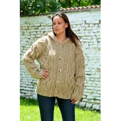 Cable Hand Knitted High Quality 100 % Pure Wool Hooded Cardigan Beige color