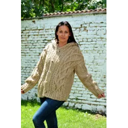 Cable Hand Knitted High Quality 100 % Pure Wool Hooded Cardigan Beige color