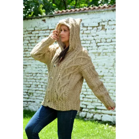 Cable Hand Knitted High Quality 100 % Pure Wool Hooded Cardigan Beige color