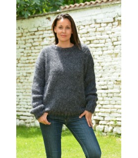 Hand Knitted Mohair Sweater Dark Grey mix color Fuzzy Crew neck pullover