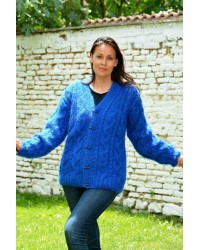 Hand Knitted Royal Blue color Mohair Cardigan Fuzzy V-neck Jacket