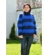 Hand Knit Mohair Striped Sweater blue and dark blue color Fuzzy Turtleneck