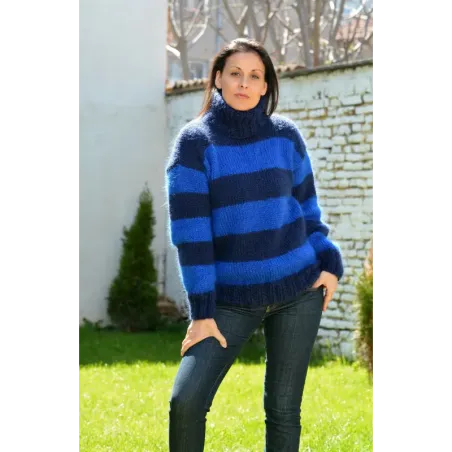 Hand Knit Mohair Striped Sweater blue and dark blue color Fuzzy Turtleneck