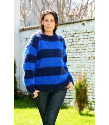 Hand Knit Mohair Striped crew neck Sweater blue and dark blue color Fuzzy