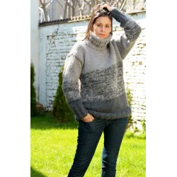 Grey Striped Hand Knit 100 % Wool Sweater Turtleneck Pullover