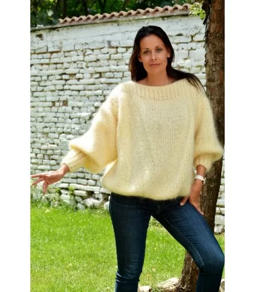 Hand Knitted Mohair Sweater Of white color Fuzzy Boat Neck pullover