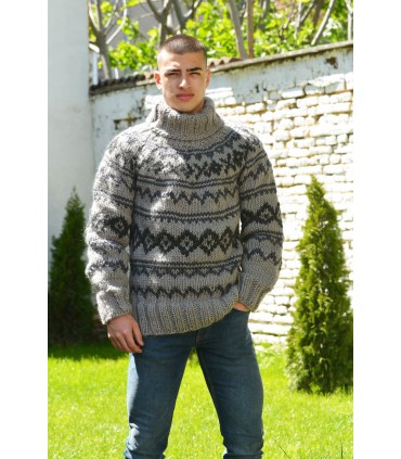Grey Hand Knitted 100 % Pure Wool Turtleneck Sweater