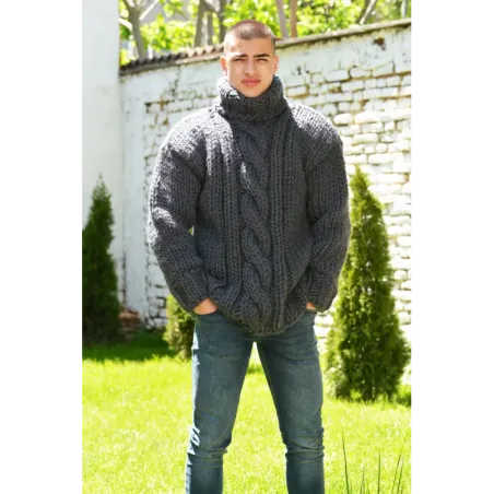 Dark Grey Cable Hand Knitted Chunky 100 % Pure Wool Turtleneck Sweater