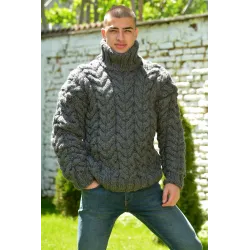 Dark Gray Cable Hand Knitted Chunky 100 % Pure Wool Turtleneck Sweater