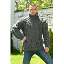 Dark Gray Cable Hand Knitted Chunky 100 % Pure Wool Turtleneck Sweater