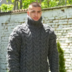 Dark Gray Cable Hand Knitted Chunky 100 % Pure Wool Turtleneck Sweater