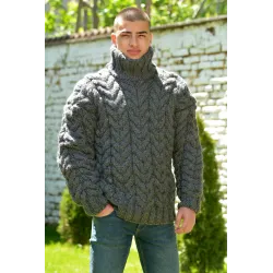 Dark Gray Cable Hand Knitted Chunky 100 % Pure Wool Turtleneck Sweater