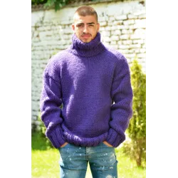 Lilac Hand Knitted 100 %  Wool Turtleneck Sweater Pullover Jumper