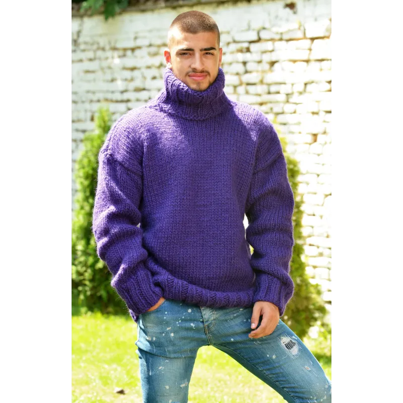 Lilac Hand Knitted 100 %  Wool Turtleneck Sweater Pullover Jumper