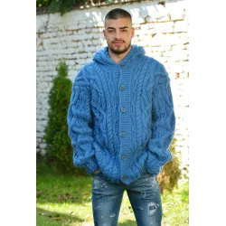 Cable Hand Knitted High Quality 100 % Pure Wool Hooded Cardigan Blue color