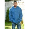 Cable Hand Knitted High Quality 100 % Pure Wool Hooded Cardigan Blue color