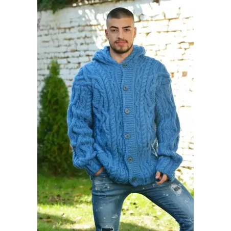 Cable Hand Knitted High Quality 100 % Pure Wool Hooded Cardigan Blue color