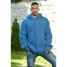Cable Hand Knitted High Quality 100 % Pure Wool Hooded Cardigan Blue color