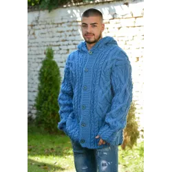 Cable Hand Knitted High Quality 100 % Pure Wool Hooded Cardigan Blue color