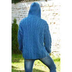 Cable Hand Knitted High Quality 100 % Pure Wool Hooded Cardigan Blue color
