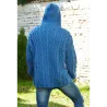 Cable Hand Knitted High Quality 100 % Pure Wool Hooded Cardigan Blue color