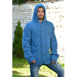 Cable Hand Knitted High Quality 100 % Pure Wool Hooded Cardigan Blue color