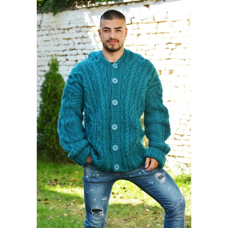 Cable Hand Knitted High Quality 100 % Pure Wool Hooded Cardigan Petrol color