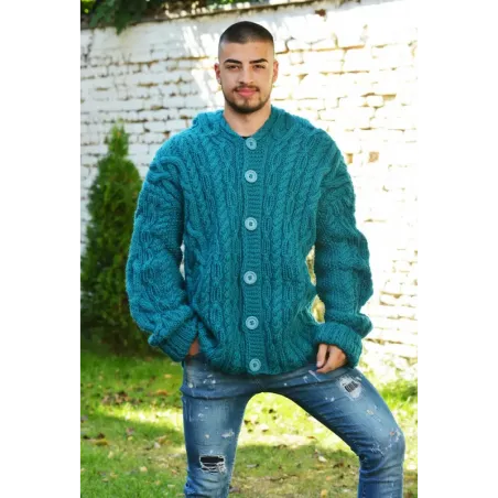 Cable Hand Knitted High Quality 100 % Pure Wool Hooded Cardigan Petrol color