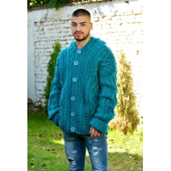 Cable Hand Knitted High Quality 100 % Pure Wool Hooded Cardigan Petrol color