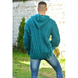 Cable Hand Knitted High Quality 100 % Pure Wool Hooded Cardigan Petrol color