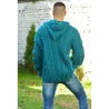 Cable Hand Knitted High Quality 100 % Pure Wool Hooded Cardigan Petrol color