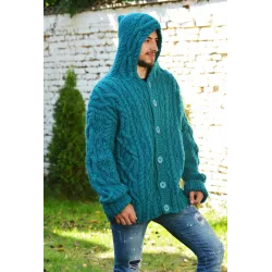 Cable Hand Knitted High Quality 100 % Pure Wool Hooded Cardigan Petrol color