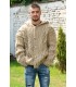 Cable Hand Knitted High Quality 100 % Pure Wool Hooded Cardigan Light Beige color