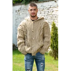 Cable Hand Knitted High Quality 100 % Pure Wool Hooded Cardigan Light Beige color
