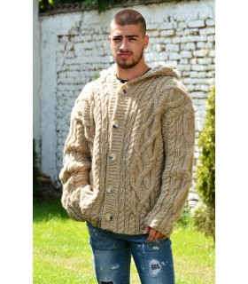 Cable Hand Knitted High Quality 100 % Pure Wool Hooded Cardigan Light Beige color