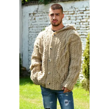 Cable Hand Knitted High Quality 100 % Pure Wool Hooded Cardigan Light Beige color