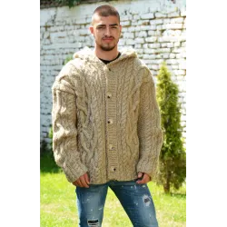 Cable Hand Knitted High Quality 100 % Pure Wool Hooded Cardigan Light Beige color